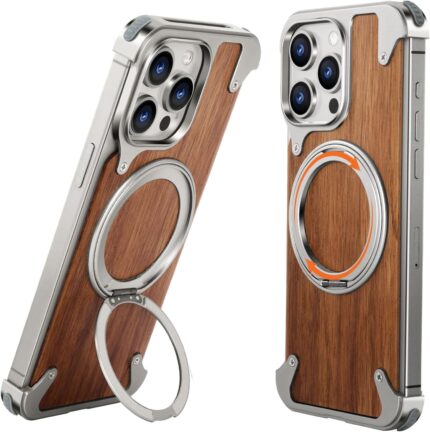 Magnetic Wood Case For iPhone 15 Pro, [Natural Wood & Aluminum] Shockproof Protective Cover Unique Wooden Case with 360° Ring Stand - Titanium