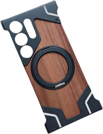 Magnetic Wood Case For Samsung Galaxy S24 Ultra, [Natural Wood & Aluminum] Shockproof Protective Cover Unique Wooden Case with 360° Ring Stand - Black