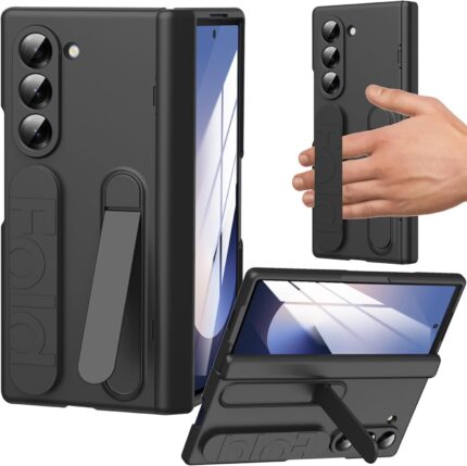 Ultra Hybrid Samsung Galaxy Z Fold 7 Case With Stand & Hinge Protection | Kickstand, Rugged PC Hard Cover With Wristband, Front Screen Protector - Black