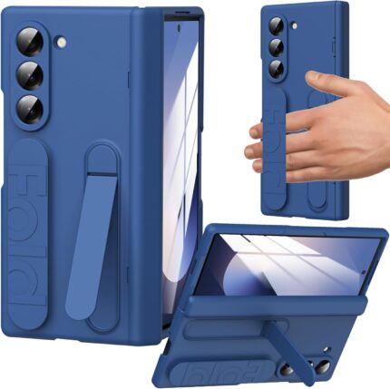 Ultra Hybrid Samsung Galaxy Z Fold 7 Case With Stand & Hinge Protection | Kickstand, Rugged PC Hard Cover With Wristband, Front Screen Protector - Blue